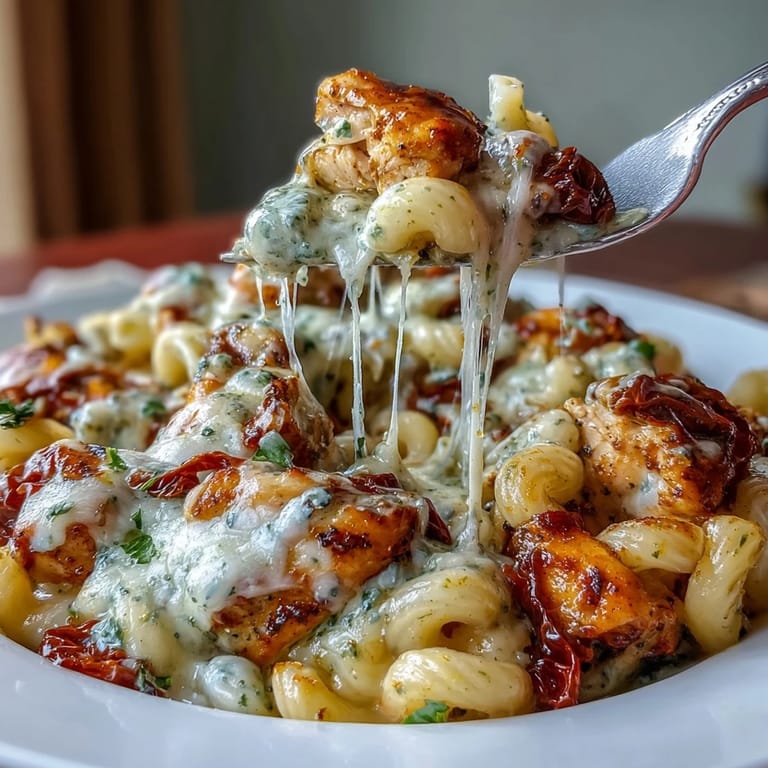 Pesto Chicken Chili Mac served in a skillet with sun-dried tomatoes and a side of crusty bread.