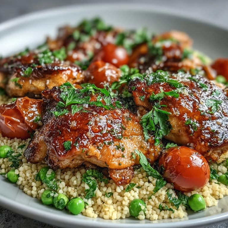 Tender chicken and savory couscous soak up pan juices in this finished One-Pan Garlic Butter Chicken Couscous, ready to serve.