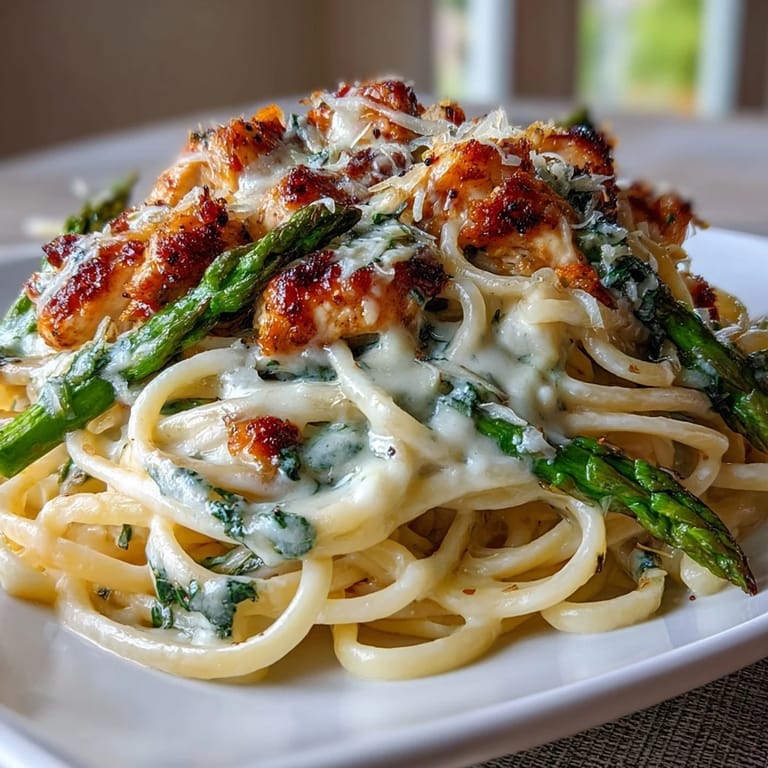 Ready to serve, this Creamy Asiago Chicken & Asparagus Pasta is garnished with fresh lemon zest and extra grated cheese.