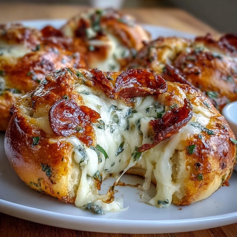 Twisted Pizza Roll Stuffed Garlic Knots revealing melted mozzarella and pepperoni filling, served with marinara dip.