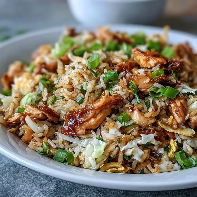 Steaming wok of Egg Roll Fried Rice with chicken, soy sauce, and sesame.