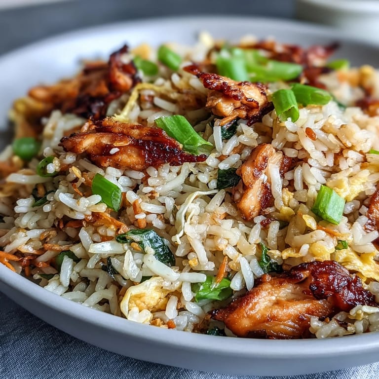 Close-up of Egg Roll Fried Rice with tender chicken and fluffy, seasoned grains.