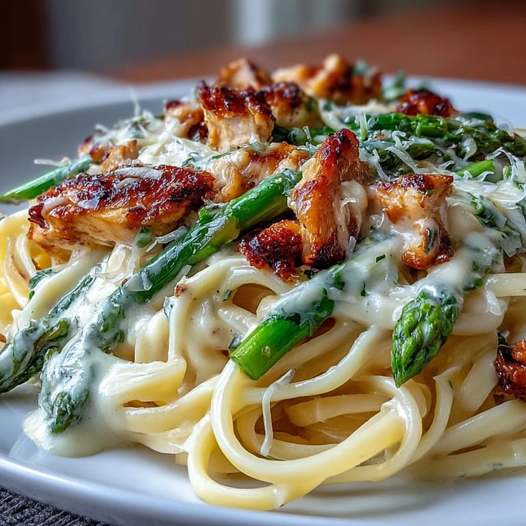 Platter of Creamy Asiago Chicken & Asparagus Pasta topped with fresh parsley and extra grated cheese, served with a glass of white wine on a rustic table.