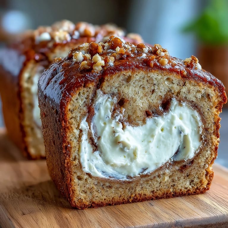 A thick slice of Cream Cheese Cinnamon Swirl Protein Loaf revealing a beautiful ribbon of cinnamon-spiced cream cheese filling and soft banana bread texture.