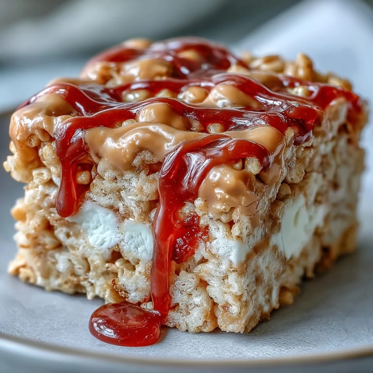 Close-up of High-Protein PB&J Rice Krispie Bars with textured cereal and marbled jelly on a rustic wooden table.