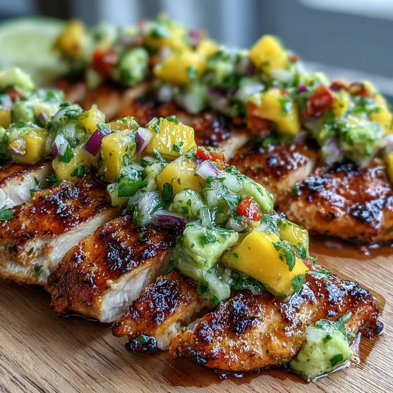 Sizzling, juicy grilled chicken smothered in a chunky mango avocado salsa with lime wedges.