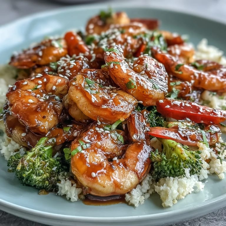 Juicy shrimp and fresh vegetables sizzle in a savory Asian-inspired sauce, spooned over light, grain-free cauliflower rice.