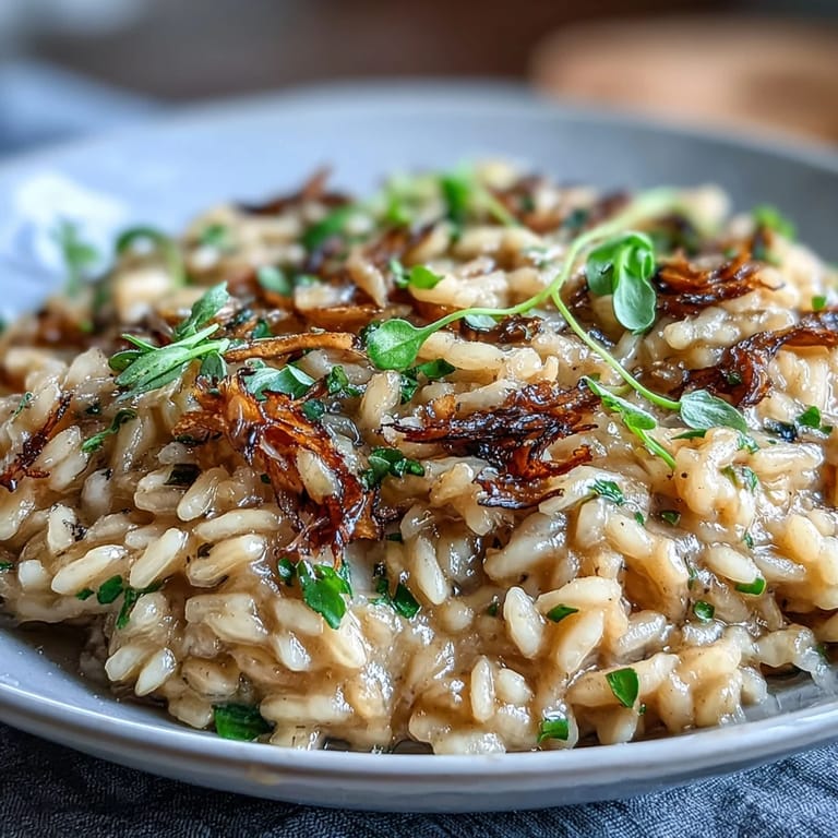 Velvety truffle risotto garnished with fresh pea shoots, black truffle shavings, and a drizzle of truffle oil for gourmet flair.