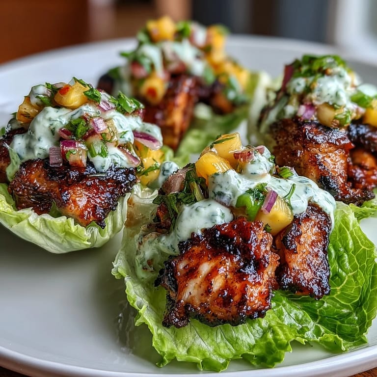 Fresh Caribbean jerk chicken lettuce wraps topped with vibrant mango salsa and tangy coconut yogurt drizzle for a healthy appetizer.  