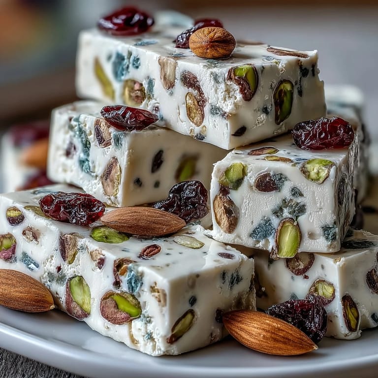 An overhead shot of pistachio nougat candy, showcasing its glossy texture and generous mix of nuts and dried cherries.