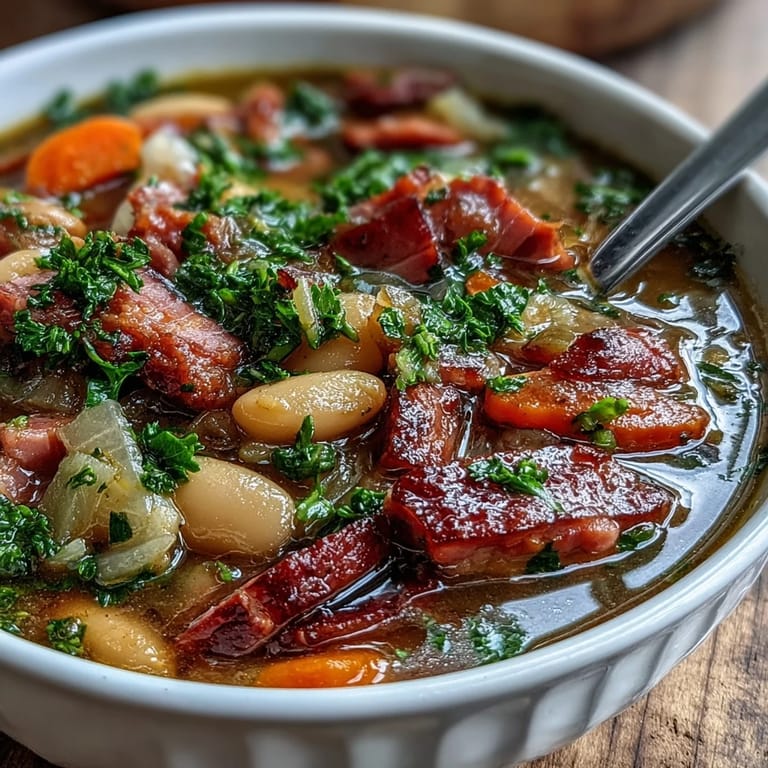 Warm Italian Ham and Cannellini Bean Stew with diced ham, cannellini beans, and fresh spinach simmered to perfection.  