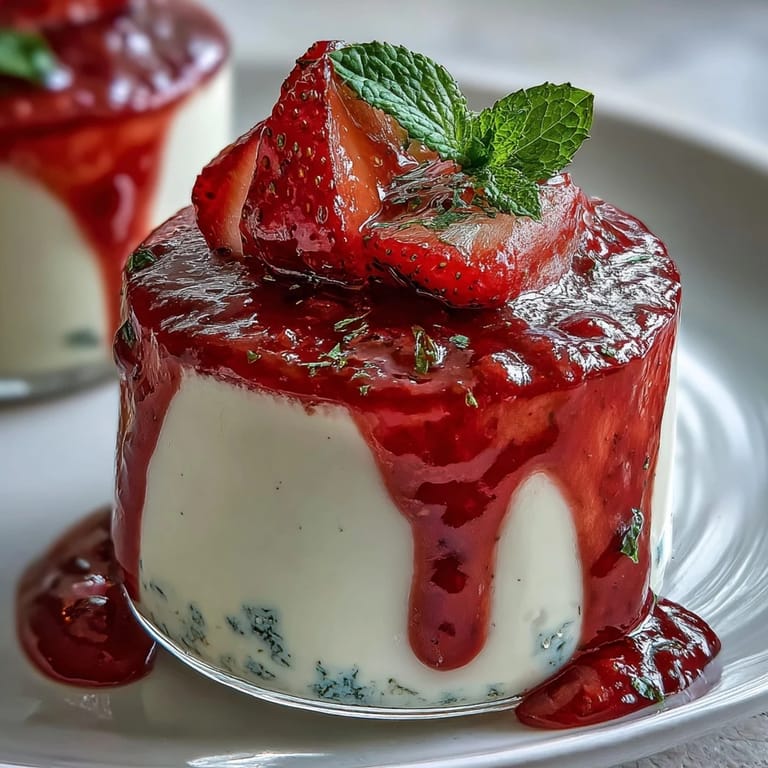 Creamy Italian panna cotta with fresh strawberry topping, perfect for sharing on Valentine's Day.  