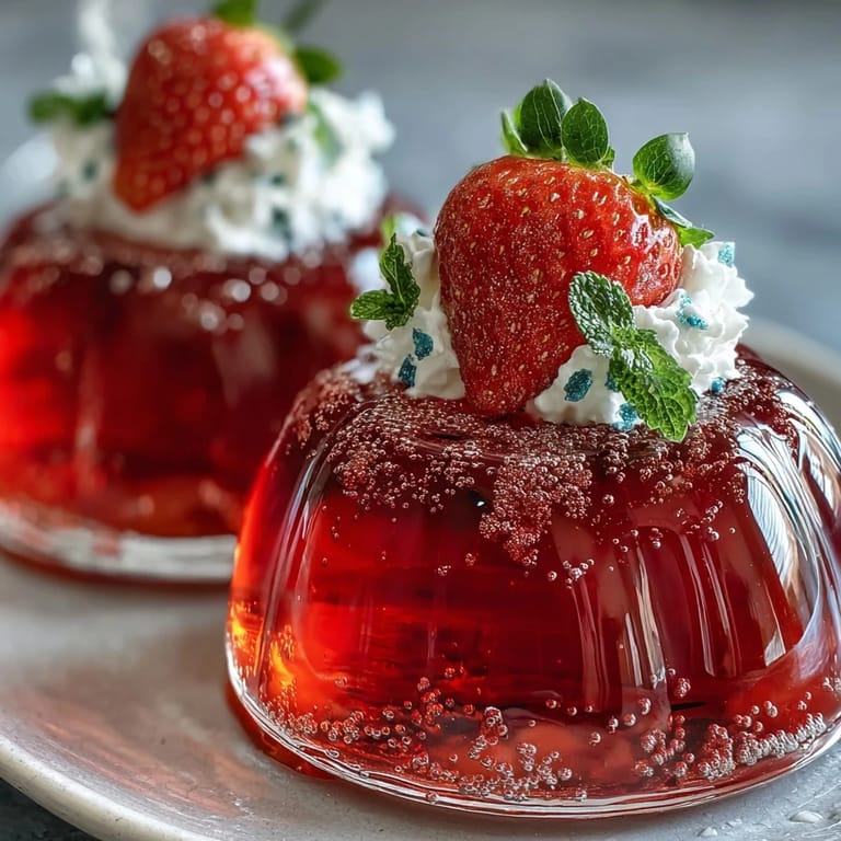 Elegant red jello shots made with champagne and strawberry puree, perfect for romantic celebrations.  