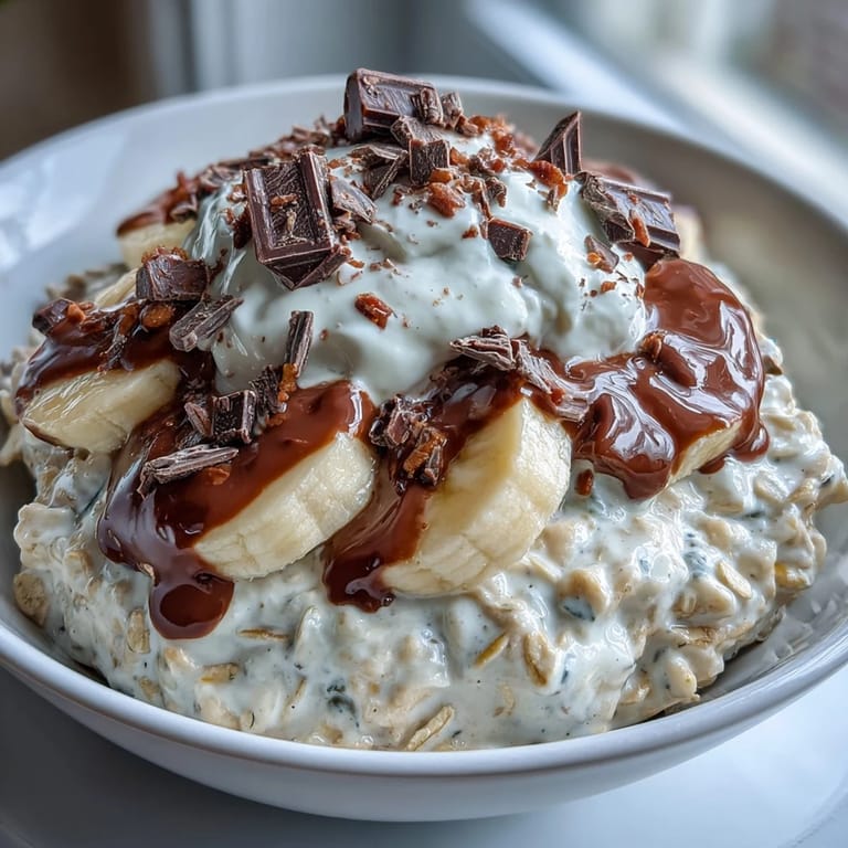 Overnight oats with ripe banana and rich dark chocolate, perfect for a make-ahead breakfast.