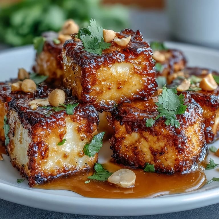 Golden tofu bites cooked in the air fryer, paired with rich peanut sauce for an easy plant-based appetizer or main dish.