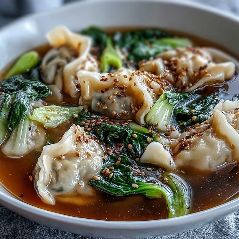Fragrant Asian dumpling soup with bok choy and ginger, garnished with fresh cilantro and a drizzle of chili oil.