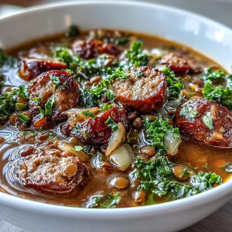 Comforting spicy sausage and lentil soup with kale, a nourishing dish perfect for chilly days and family dinners.