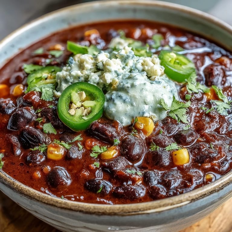 Vibrant vegetarian chili with smoky spices, sweet corn, and creamy lime crema drizzle.  
