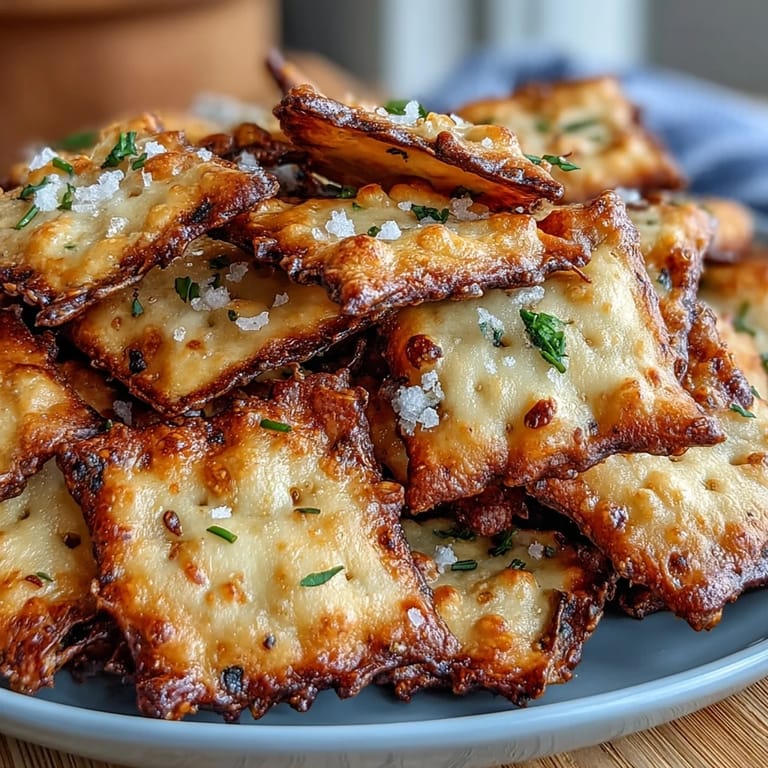 Baked sourdough Cheez-Its with rich garlic-Parmesan taste, ideal for snacking or adding to a savory appetizer platter.