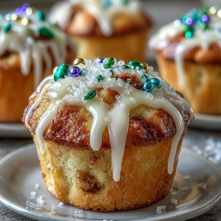 Bite-sized cinnamon swirl cupcakes topped with colored sugar, capturing the spirit of Mardi Gras in every delicious mini King Cake treat.