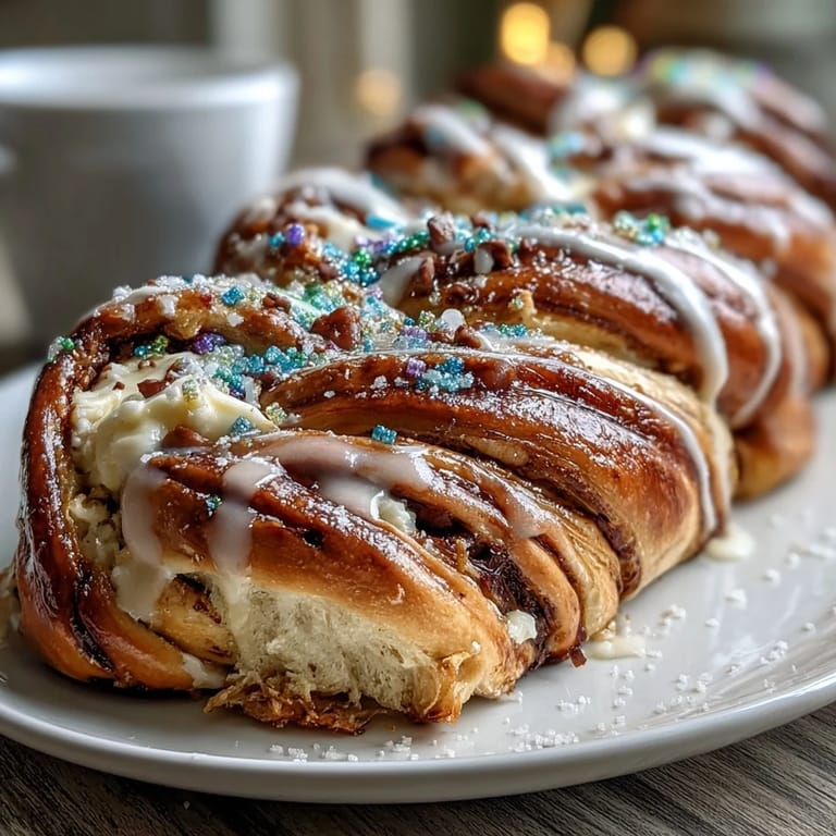 Festive Mardi Gras King Cake braid, golden brown with lemon cream cheese filling and vibrant purple, green, and gold sugar topping.  