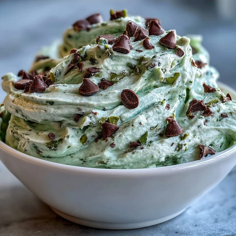 Fluffy mint-flavored dip with chocolate chips, served alongside crunchy cookies and fresh berries for a fun and festive St. Patrick's Day dessert.