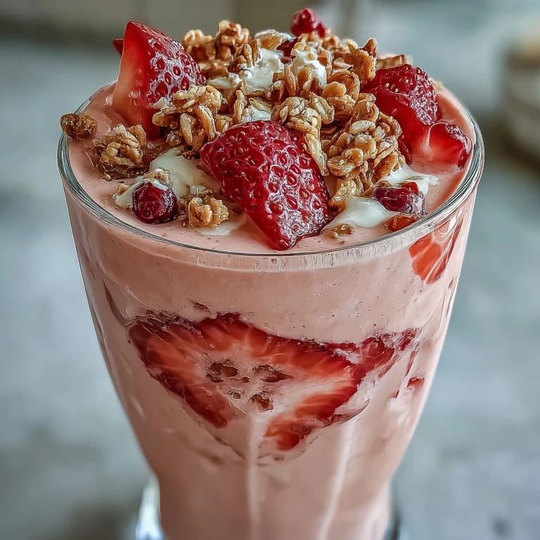 2. Refreshing strawberry shortcake protein smoothie topped with sliced strawberries, perfect for post-workout recovery or breakfast.  