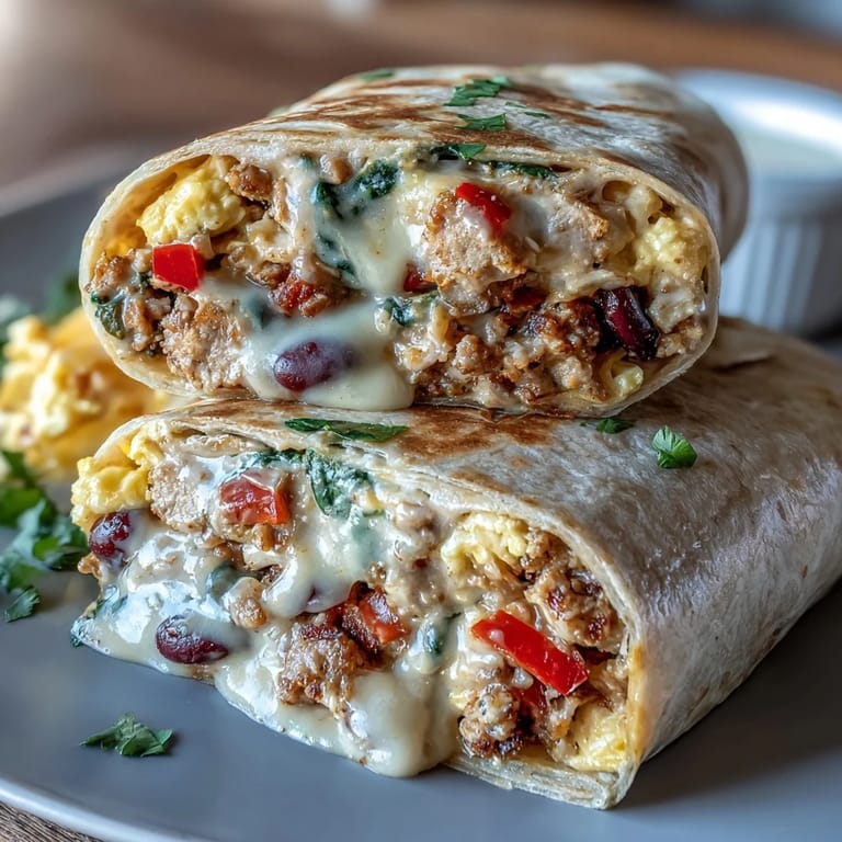 High-protein breakfast burritos loaded with seasoned turkey, sautéed veggies, black beans, and spinach, perfect for a satisfying and healthy morning meal.