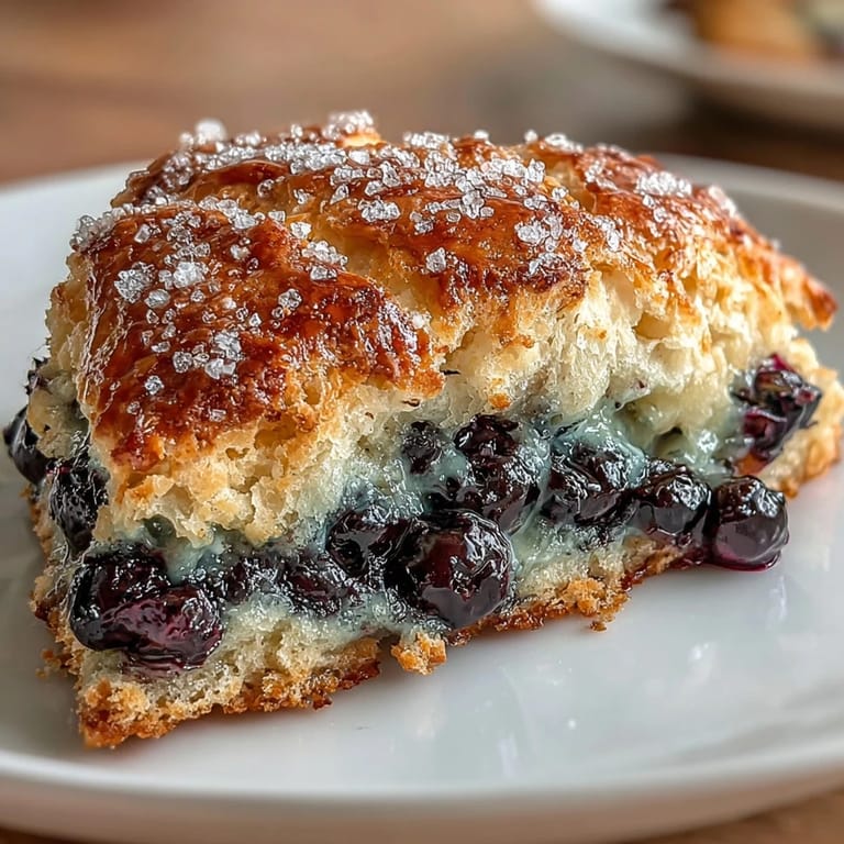 Buttery homemade scones bursting with juicy blueberries and tangy sourdough discard, golden brown and ready to serve warm with tea.  