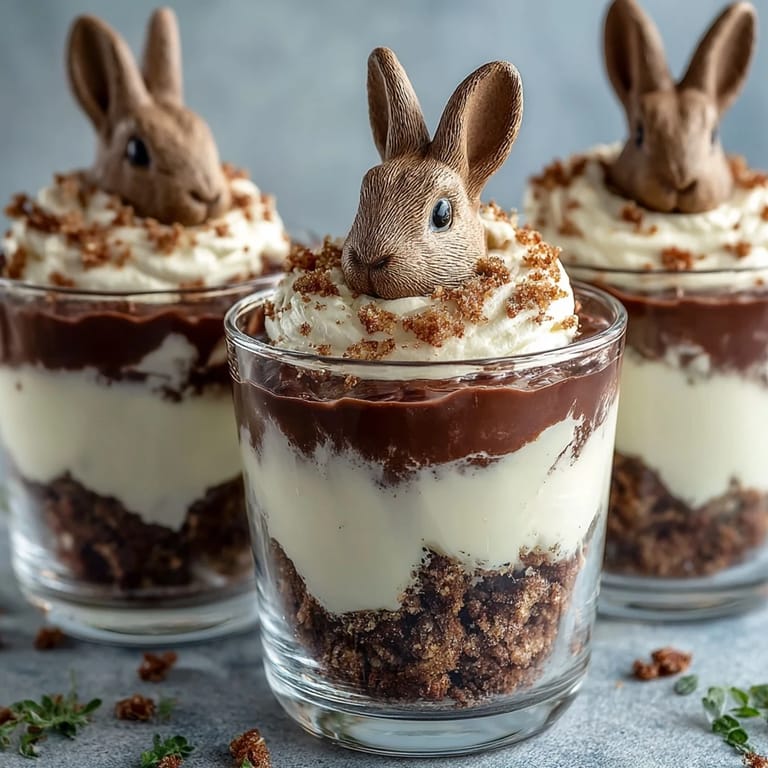 Layered chocolate pudding cups topped with crushed cookies, whipped topping, and candy eggs for Easter dessert.