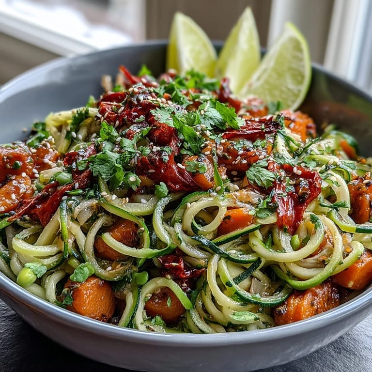 Vibrant zucchini noodle stir fry packed with fresh vegetables and Asian-inspired flavors for a quick meal