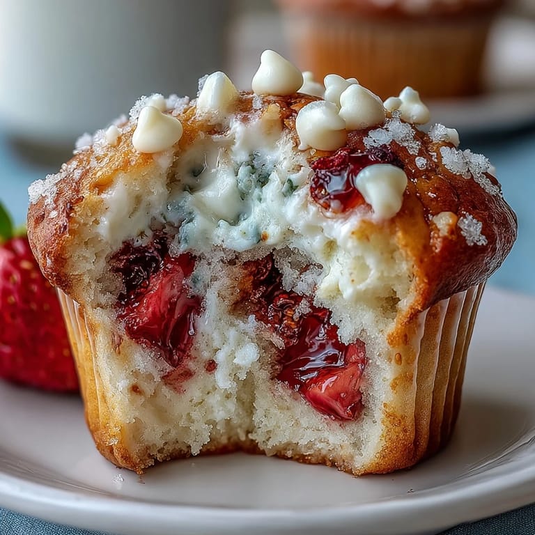Sweet and moist strawberry muffins with white chocolate chips, perfect for a quick breakfast or snack.
