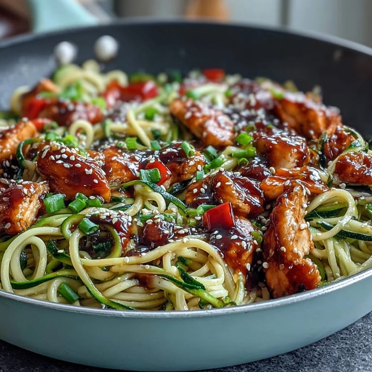 Low-carb zucchini noodles tossed with tender chicken and vibrant veggies in a fragrant, savory stir fry sauce.
