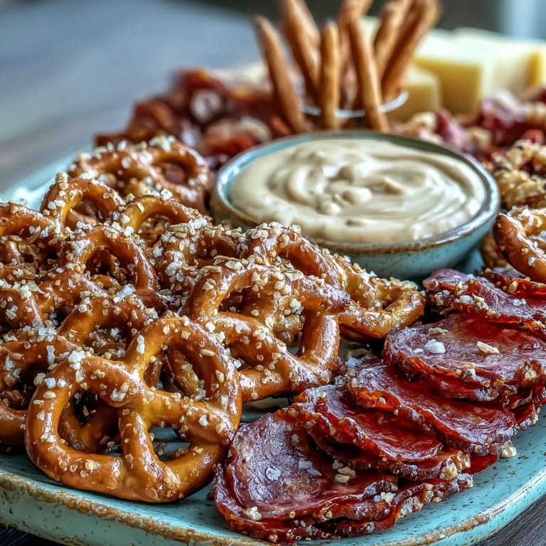 A festive Game Day Baseball Snack Board with Pretzels and Dips, featuring soft pretzel bites, savory cheese cubes, and fresh veggie sticks for a crowd-pleasing appetizer.