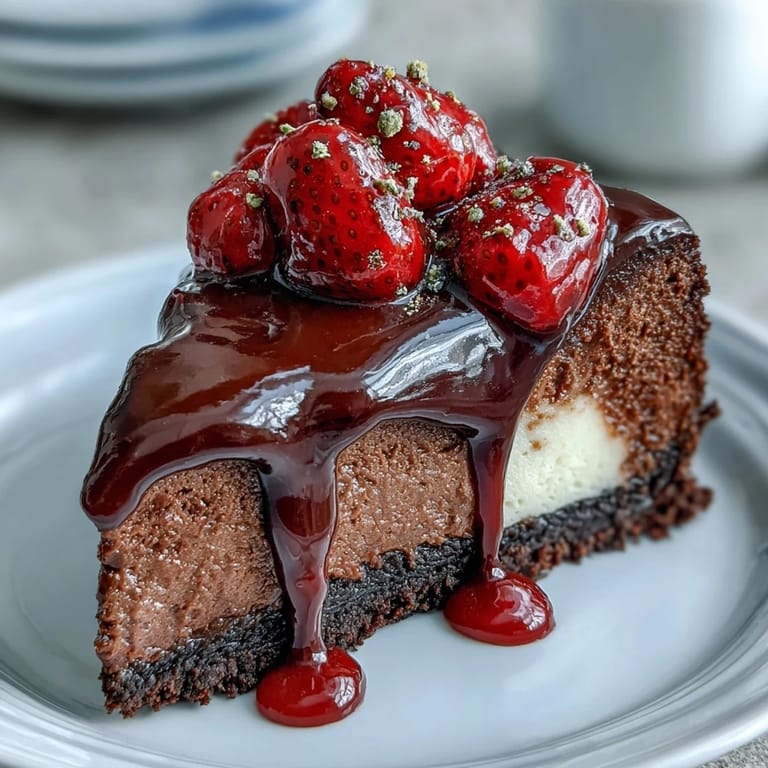 Decadent Dubai-inspired cheesecake cups with layers of crunchy chocolate crust, smooth vanilla filling, juicy macerated strawberries, and dark chocolate ganache.