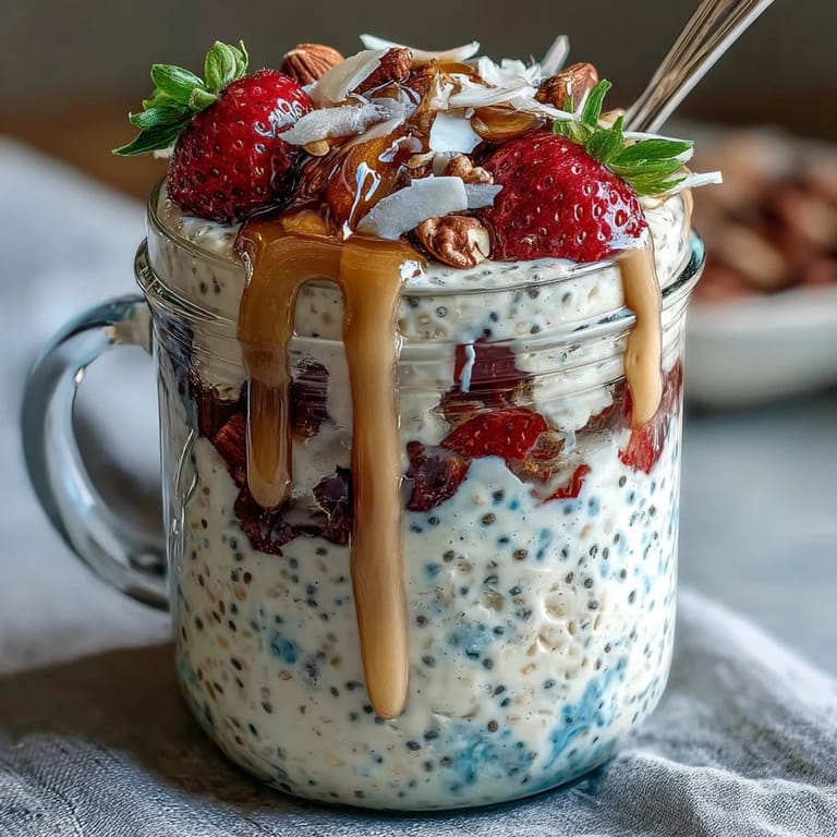 Creamy strawberry chia overnight oats with sliced fruit and coconut flakes, perfect for a quick, energizing morning meal.