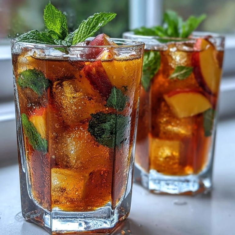 Tall glass of chilled mango peach iced tea, garnished with mint and peach slices, perfect for warm afternoons.  