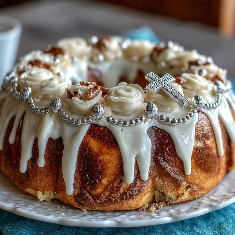 Beautiful First Communion Cake adorned with handcrafted white roses and a cross topper, perfect for celebrating this special religious milestone.