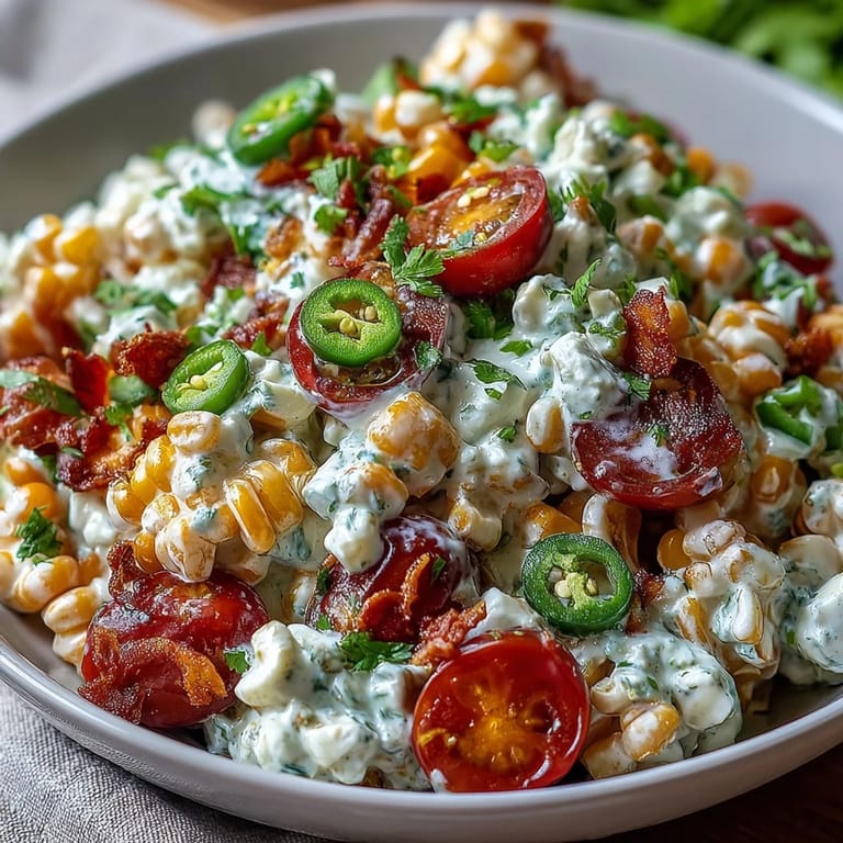 Creamy Corn Salad with Jalapeño, showcasing fresh corn, red bell pepper, and cilantro tossed in a zesty lime and cumin dressing.