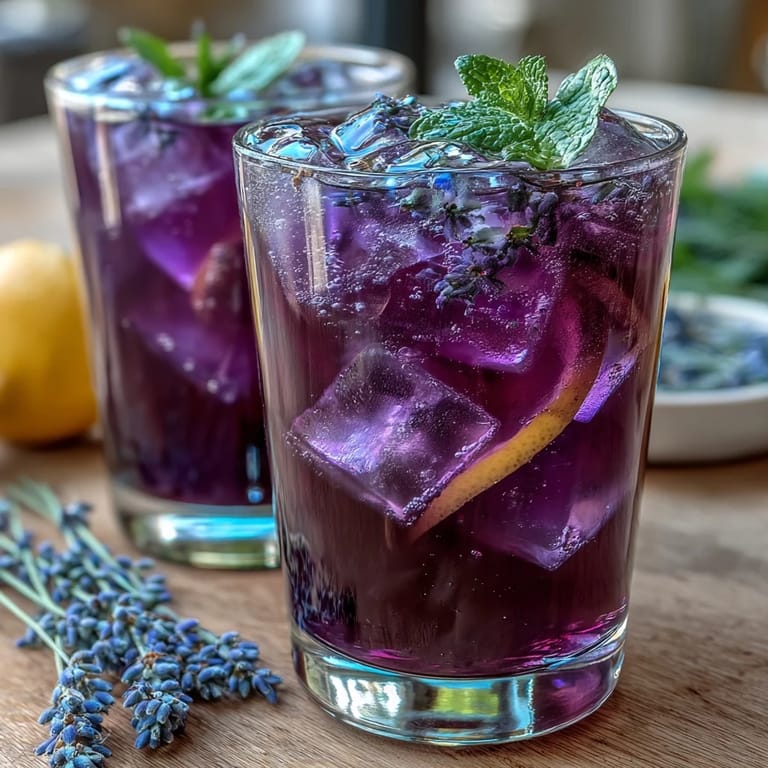 Refreshing lavender lemonade with fresh mint, served over ice with lemon slices and vibrant green garnish.