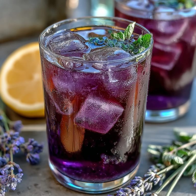 Aromatic lavender lemonade infused with fresh mint, offering a cool, floral twist on classic citrus refreshment.
