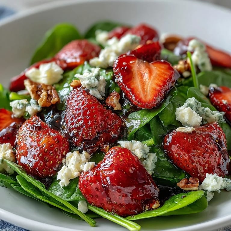 Colorful strawberry spinach salad featuring creamy goat cheese, sweet strawberries, and crunchy candied pecans in a tangy balsamic dressing.