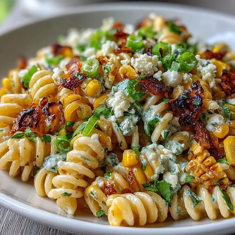 Colorful Elote Corn Pasta featuring juicy corn kernels, red bell pepper, fresh cilantro, and tangy Cotija in every bite.