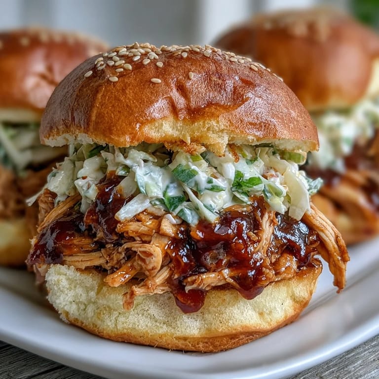 Smoky shredded chicken in rich barbecue sauce, topped with crisp coleslaw on toasted buns.  