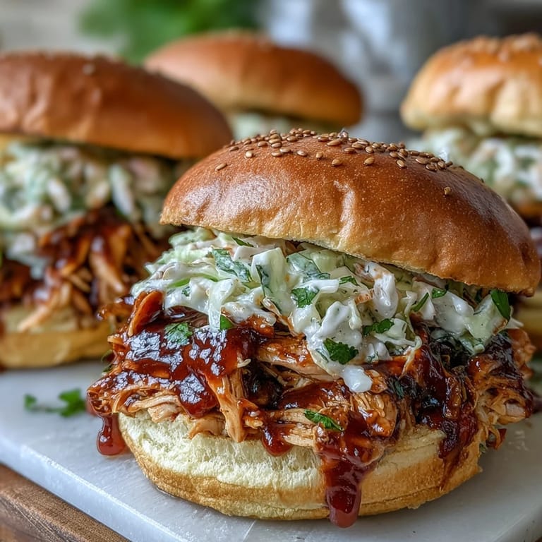 Slow-cooked pulled BBQ chicken, tender and saucy, served on buns with creamy coleslaw.