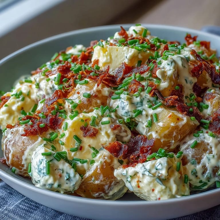 Deviled Egg Potato Salad featuring velvety potatoes, chopped hard-boiled eggs, and crisp celery in a zesty, creamy dressing.