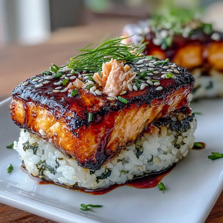 Warm Japanese rice balls stuffed with tender grilled salmon, wrapped in nori.  
