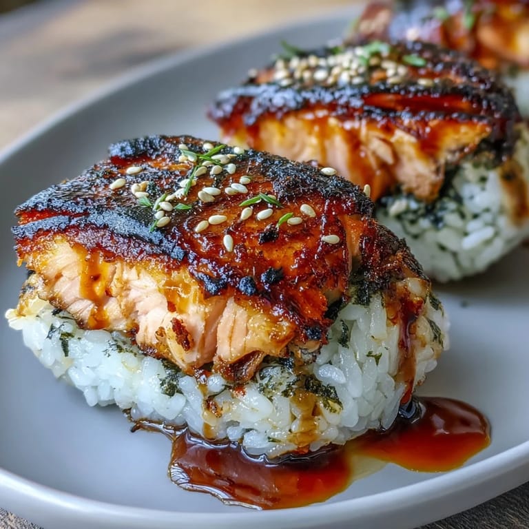 Savory onigiri featuring flaky grilled salmon, lightly toasted for a golden crust.