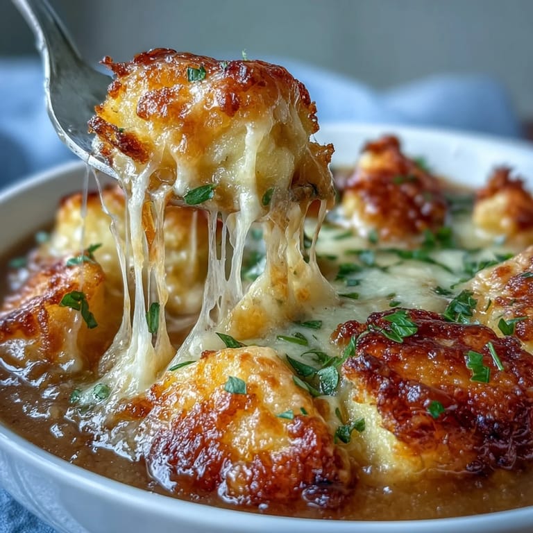2. Comforting Gnocchi French Onion Soup with caramelized onions, pillowy gnocchi, and bubbling cheese crust.
