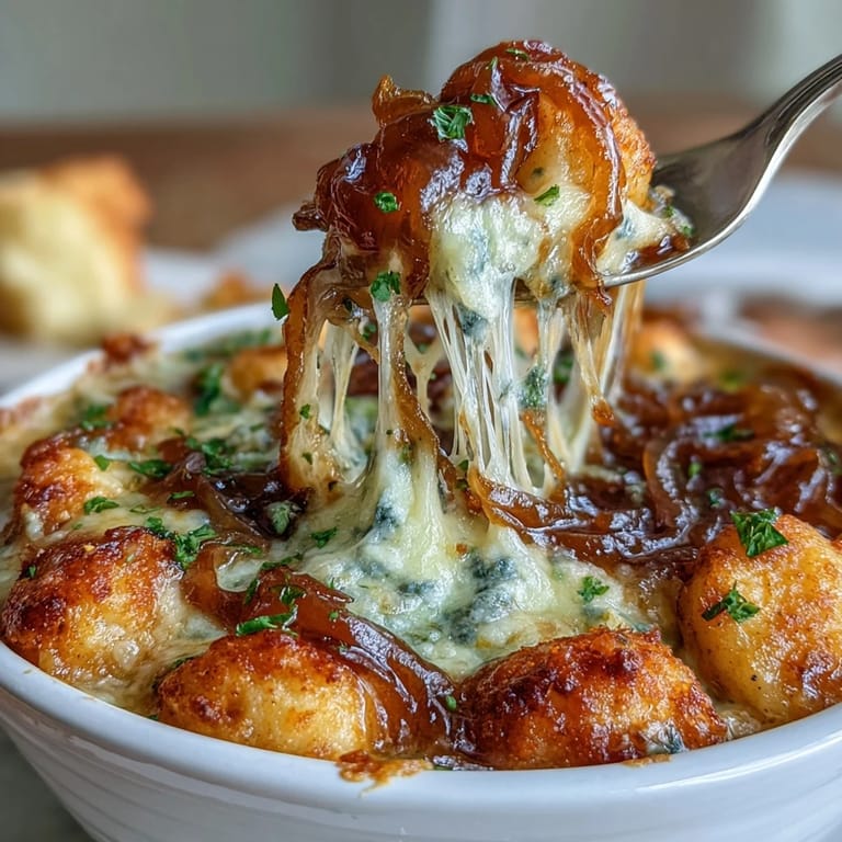 3. Rustic Gnocchi French Onion Soup served in a bowl, featuring rich broth, melted cheese, and toasted bread.